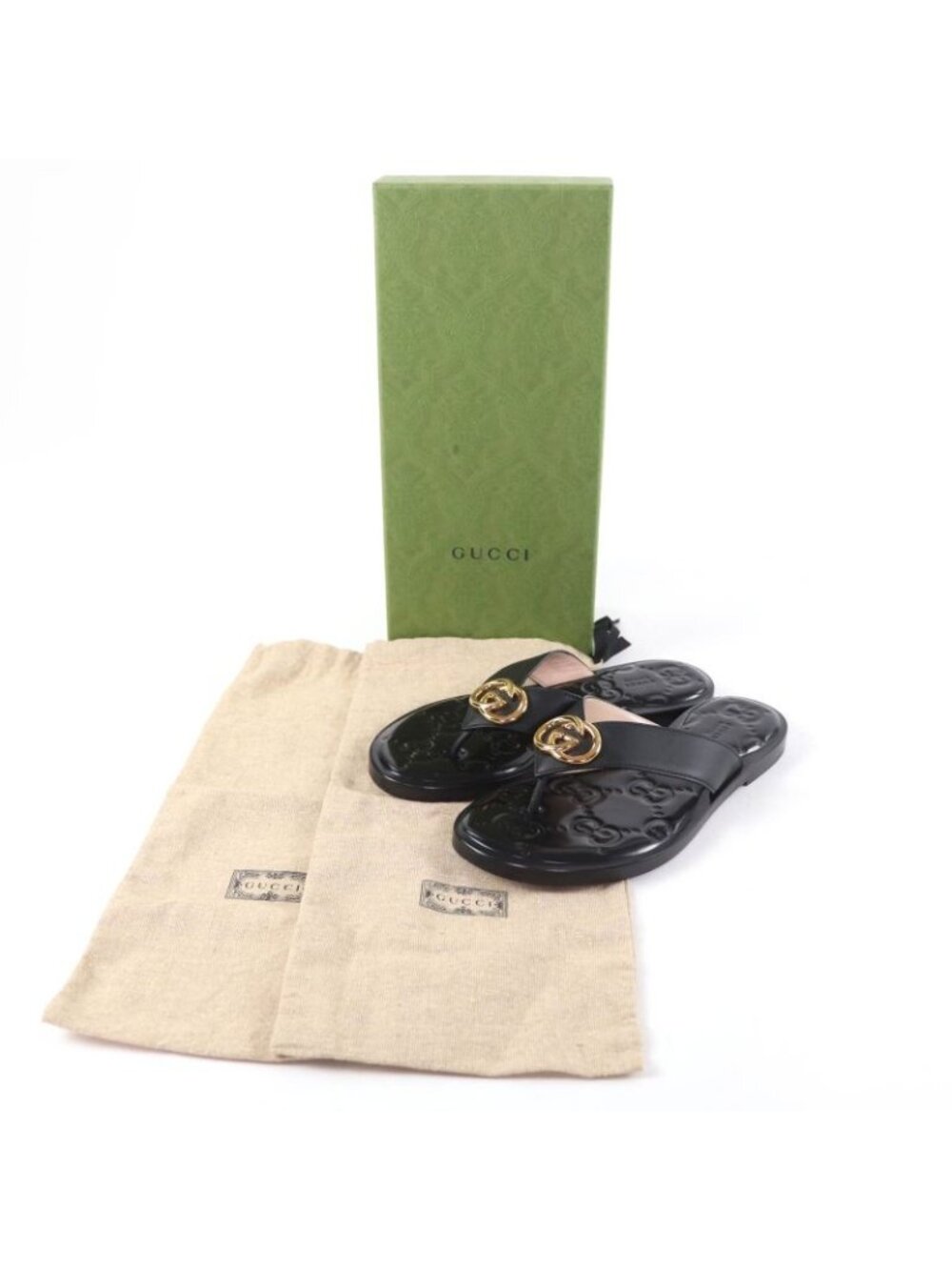 Gucci Leather Interlocking Sandals Black Gold 36.5 - Picture 2 of 12